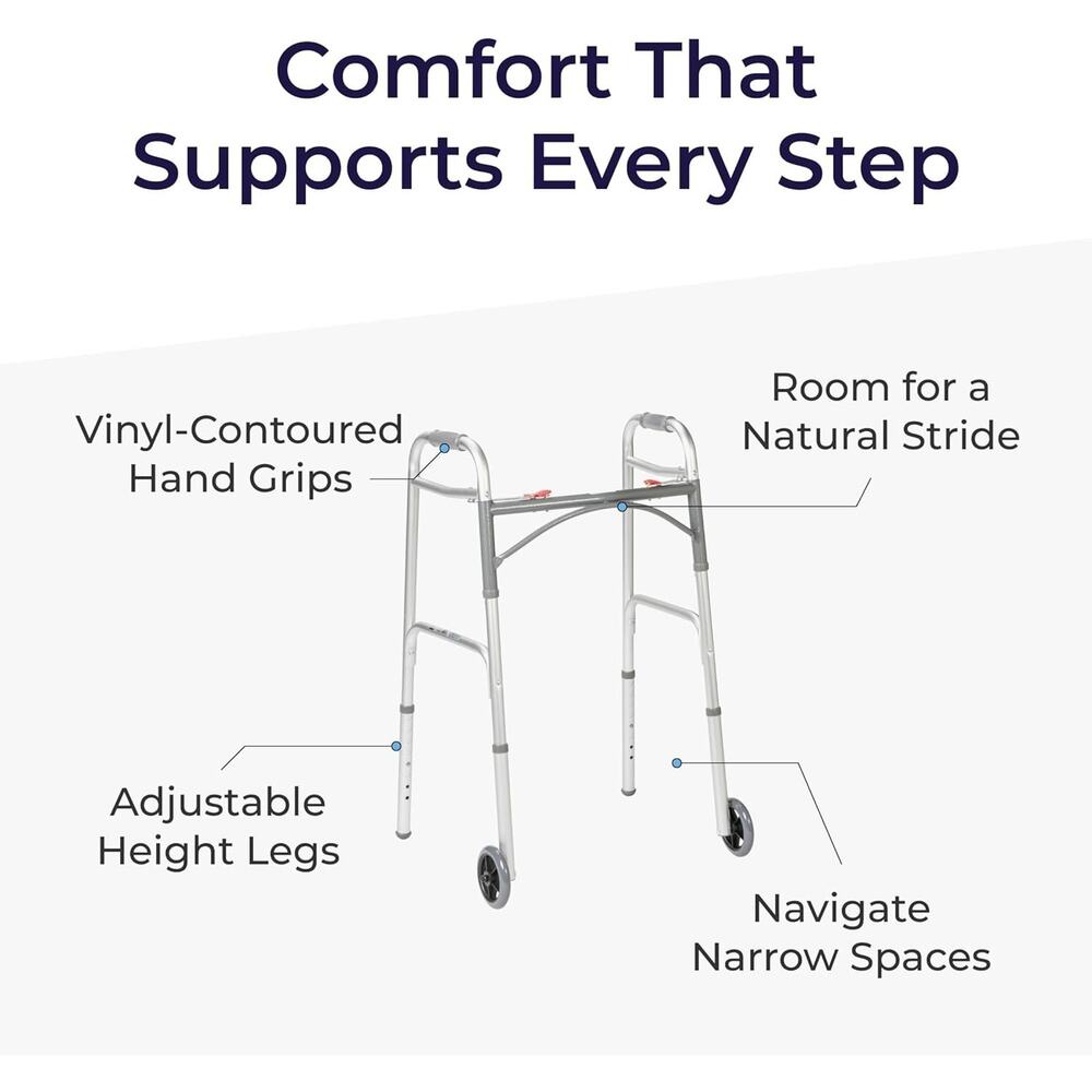Drive Medical Two-Button Folding Walker Wheels Lightweight Silver New in Box - Picture 4 of 10